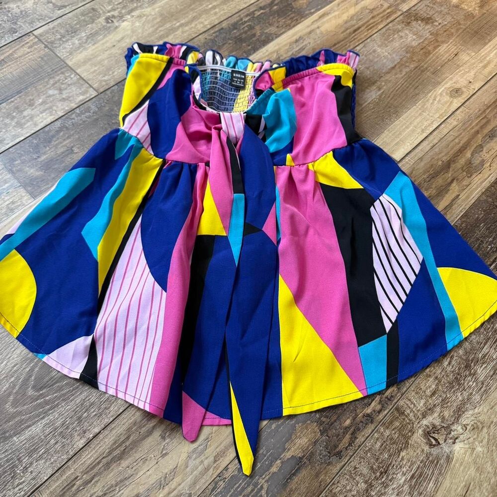 SHEIN Blue Pink Yellow Purple Printed Strapless Tie Blouse Small Women's Top